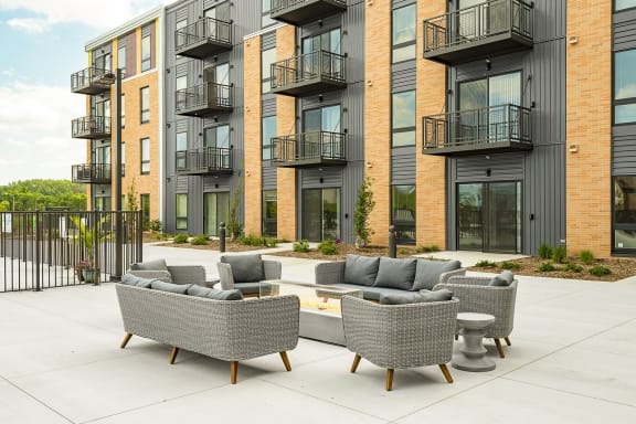 The Sanctuary Deck featuring Firepit, Hammocks and Bocce Ballat The Nexus at Gray's Landing in Downtown Des Moines, NE
