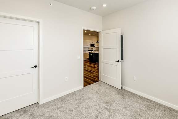 A white door is on the left and a white door is on the right.