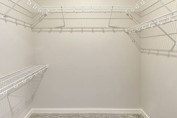 Empty wire shelving in a room.