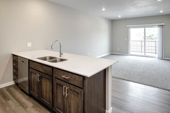 an empty kitchen with a sink and a window