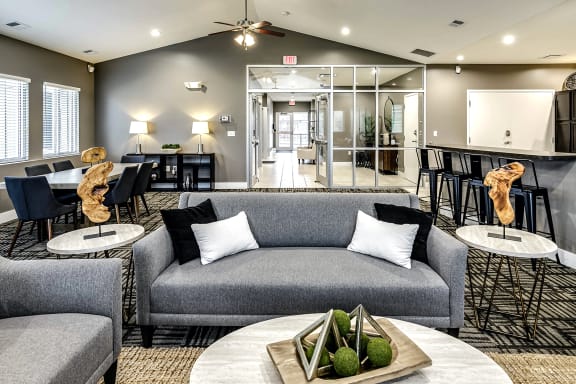 Clubhouse Lounge Area with couches at Tamarin Ridge in Lincoln, NE