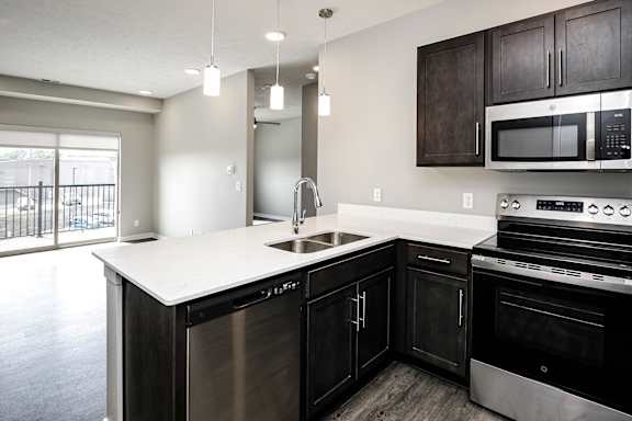Stainless steel appliances at VUE19 in Bellevue, NE