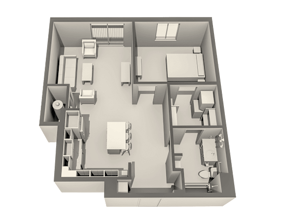 A 3D floor plan of a house with a kitchen, living room, and two bedrooms.