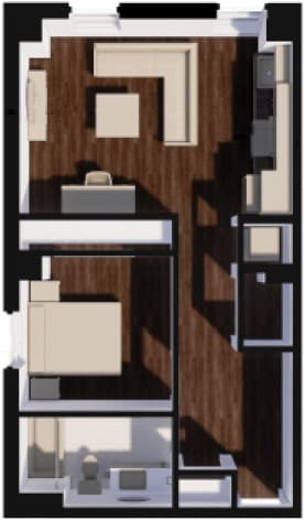 A 3D rendered image of a modern apartment layout.