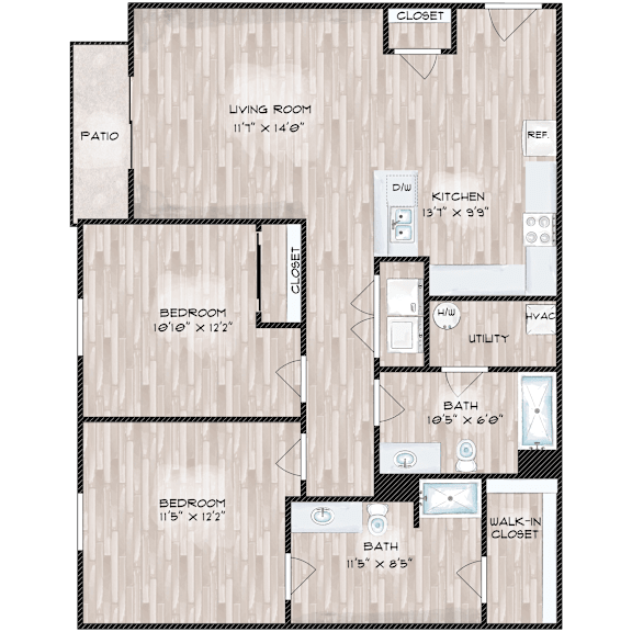 A floor plan of a house with a living room, kitchen, two bedrooms, a bathroom, and a patio.