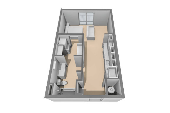 A 3D rendered image of a house layout.