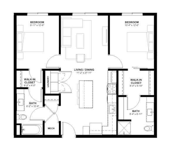A black and white image of a house floor plan with two bedrooms, a living and dining area, two bathrooms, a laundry area, a walk-in closet, and a mech.
