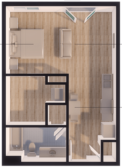A 3D rendered image of a house layout.