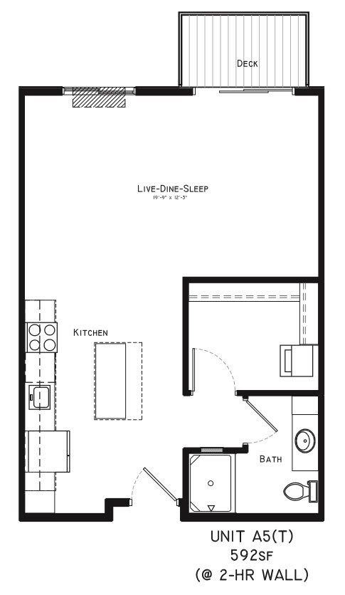 A floor plan of a 592 square foot apartment with a kitchen, bath, and live-dine-sleep area.