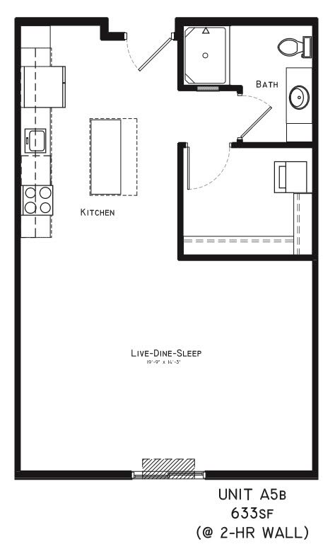 A floor plan of a 2-hour wall apartment with a kitchen and a bath.