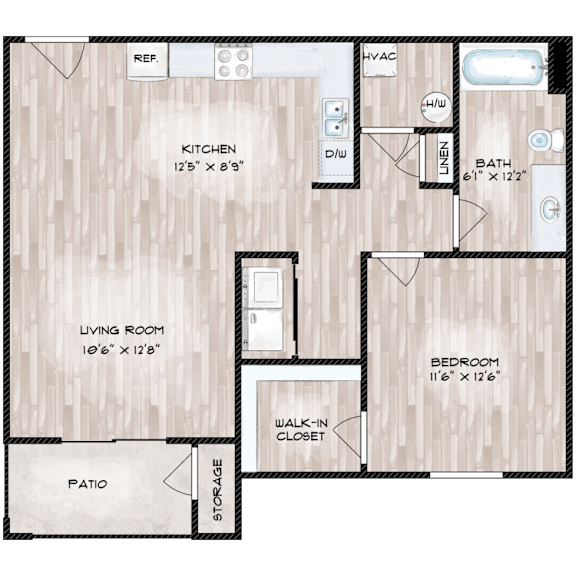 A floor plan of a house with a kitchen, living room, bedroom, and bathroom.