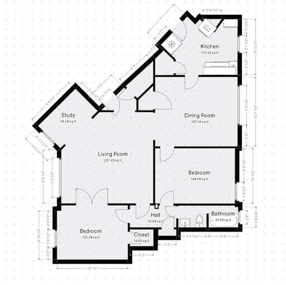 A floor plan of a house with a kitchen, dining room, living room, and multiple bedrooms.