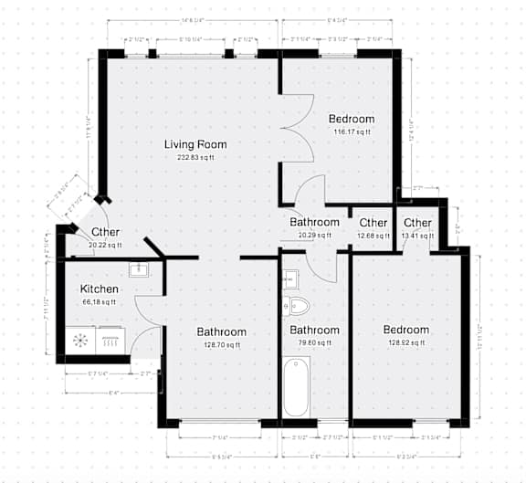 A floor plan of a house with a living room, kitchen, and multiple bathrooms and bedrooms.