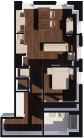 A 3D image of a building with a brown and beige exterior.