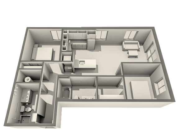 A 3D rendered image of a house layout.