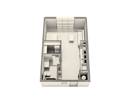 A 3D rendered image of a house layout.