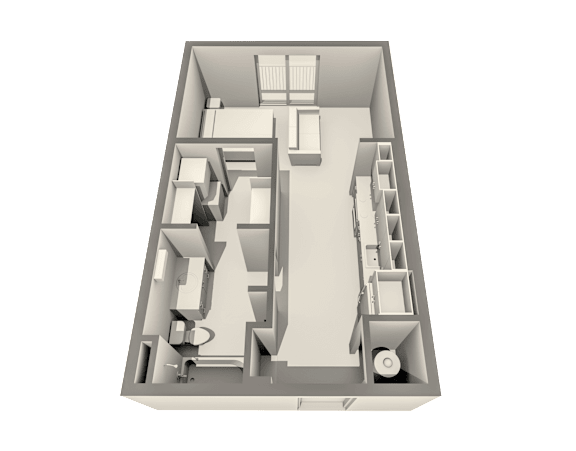 A 3D floor plan of a house with a kitchen, living room, and two bedrooms.