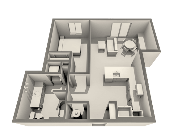 A 3D image of a house layout with a kitchen, living room, and bedrooms.