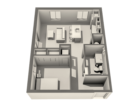 A 3D floor plan of a house with multiple rooms and furniture.
