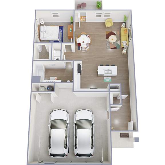A 3D floor plan of a house with two bedrooms, a living room, a kitchen, and two parking spaces.