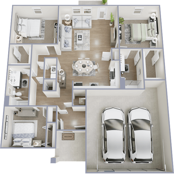 A 3D floor plan of a house with two bedrooms, a living room, a kitchen, a bathroom, and two parking spaces.