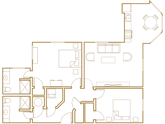 A floor plan of a house with a kitchen, living room, and two bedrooms.