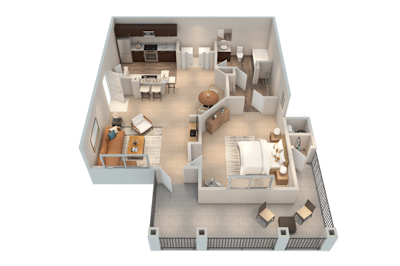 A 3D rendered image of a house interior.