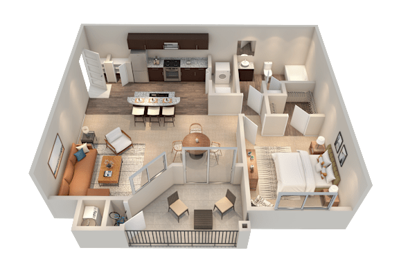 A top-down view of a well-furnished living room, kitchen, and dining area.