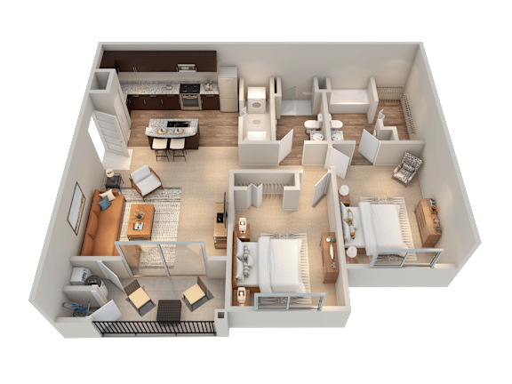 A 3D floor plan of a house showing a living room, dining room, kitchen, and bedrooms.