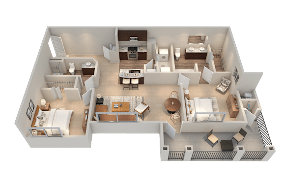 A 3D floor plan of a house with two bedrooms, a living room, a kitchen, and a bathroom.