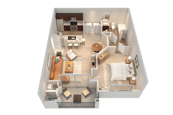 A 3D image of a small apartment with a kitchen, living room, and bedroom.