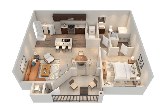 A top-down view of a well-furnished apartment.
