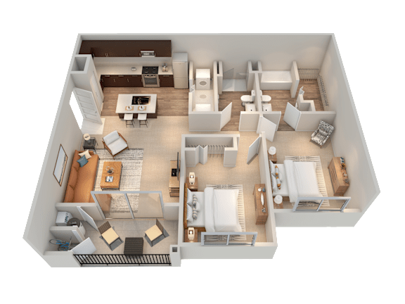 A 3D floor plan of a house showing a living room, kitchen, dining room, and bedrooms.