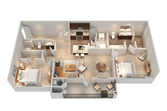 A 3D rendered image of a house layout.