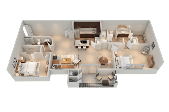 A 3D floor plan of a house showing all the rooms and their layout.