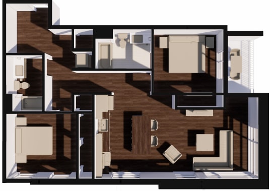A 3D floor plan of a house with multiple rooms.