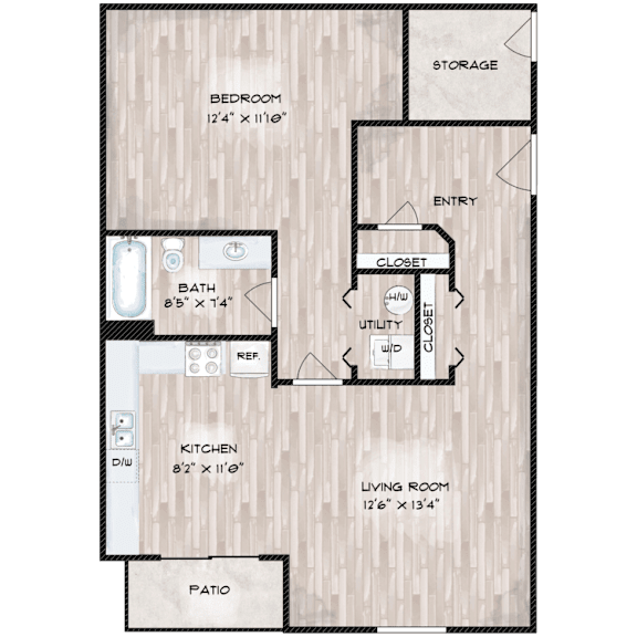 A floor plan of a home with a bedroom, bathroom, kitchen, living room, and patio.