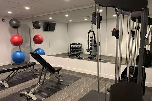 A gym with a bench, weights, and exercise balls.