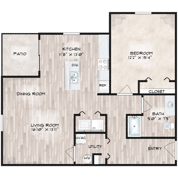 A floor plan of a house with a living room, dining room, kitchen, bedroom, and bathroom.