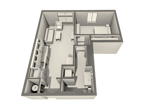 A 3D floor plan of a house with a kitchen, living room, and two bedrooms.