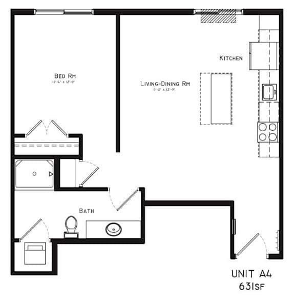 A black and white image of a floor plan for a unit labeled A4.