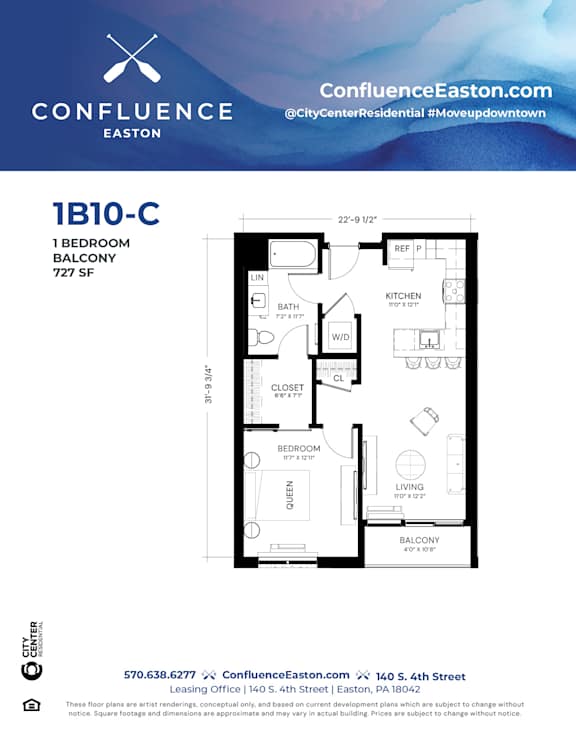 Floor Plan  1B10-C Floor Plan at The Confluence Apartments, Easton, PA