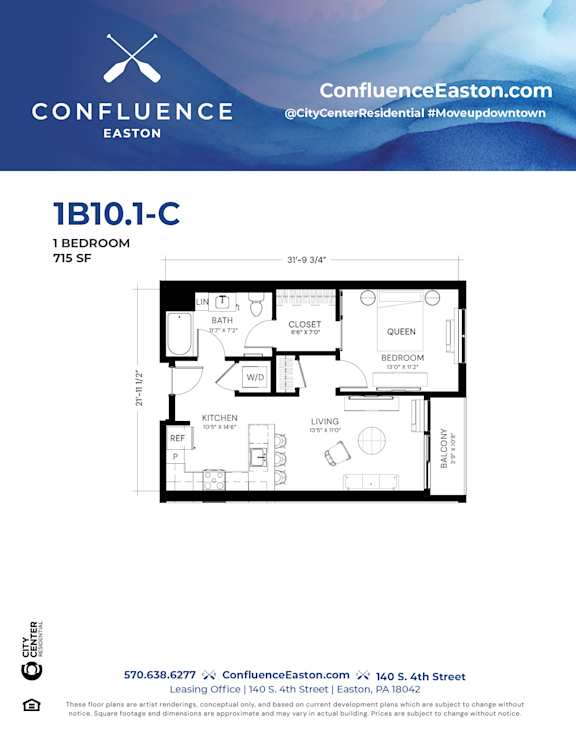 Floor Plan  1B101-C Floor Plan at The Confluence Apartments, Easton, PA, 18042