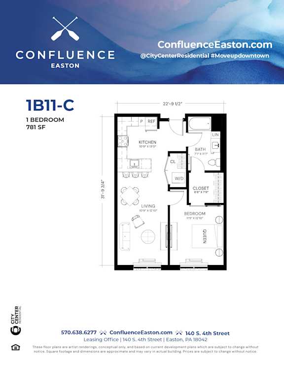 Floor Plan  1B11-C Floor Plan at The Confluence Apartments, Easton, Pennsylvania