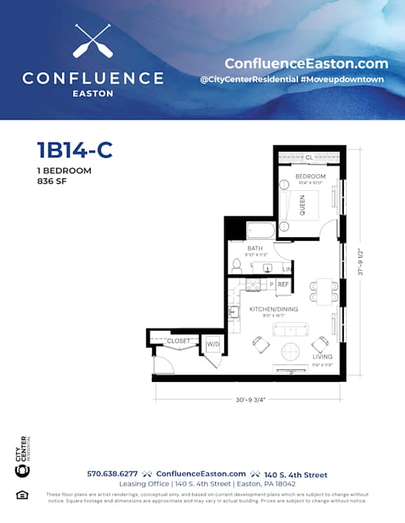 Floor Plan  1B14-C Floor Plan at The Confluence Apartments, Pennsylvania