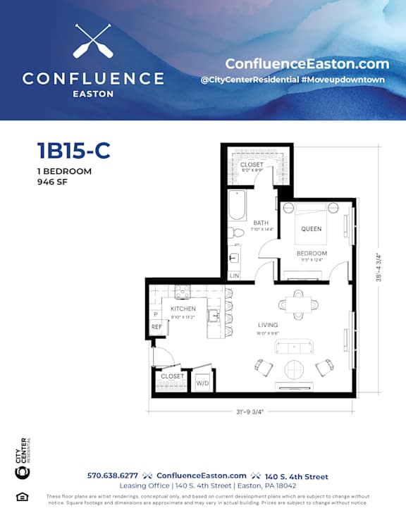 Floor Plan  1B15-C Floor Plan at The Confluence Apartments, Pennsylvania, 18042