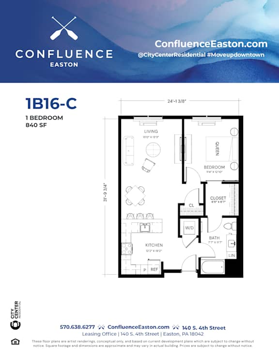 Floor Plan  1B16-C Floor Plan at The Confluence Apartments, Easton, PA, 18042