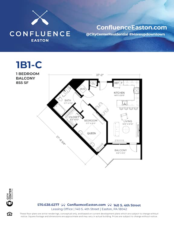 Floor Plan  1B1C Floor Plan at The Confluence Apartments, Easton, 18042