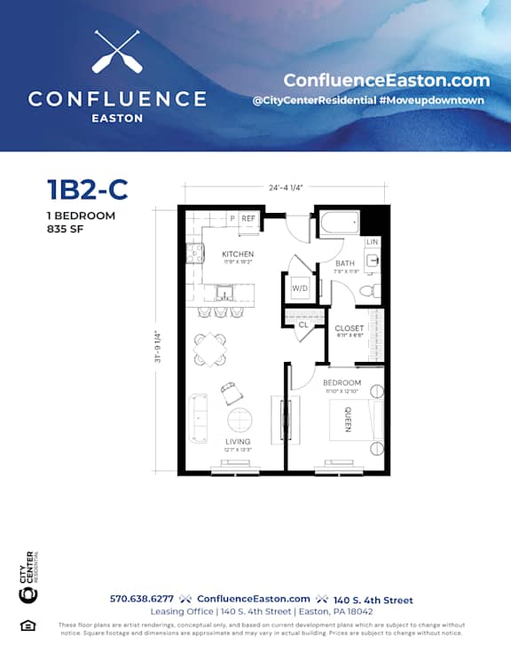 Floor Plan  1B2C Floor Plan at The Confluence Apartments, Easton, PA