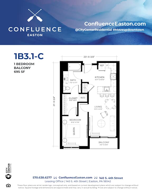 Floor Plan  1B31-C Floor Plan at The Confluence Apartments, Easton, 18042